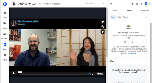 ChouAmi co-founders Karen Wang-Diggs and Bill Nordby welcoming attendees to our virtual 'booth' in the Conference Expo